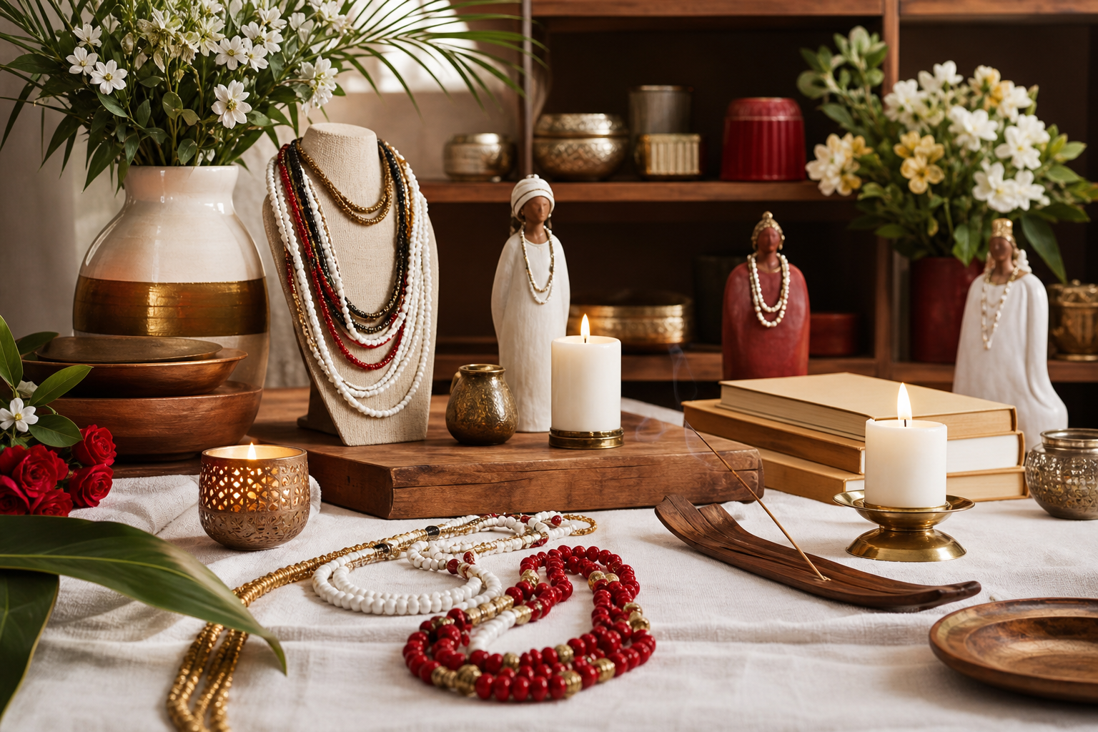 Vitrine de artigos religiosos com velas, guias, livros, flores e imagens devocionais estilizadas