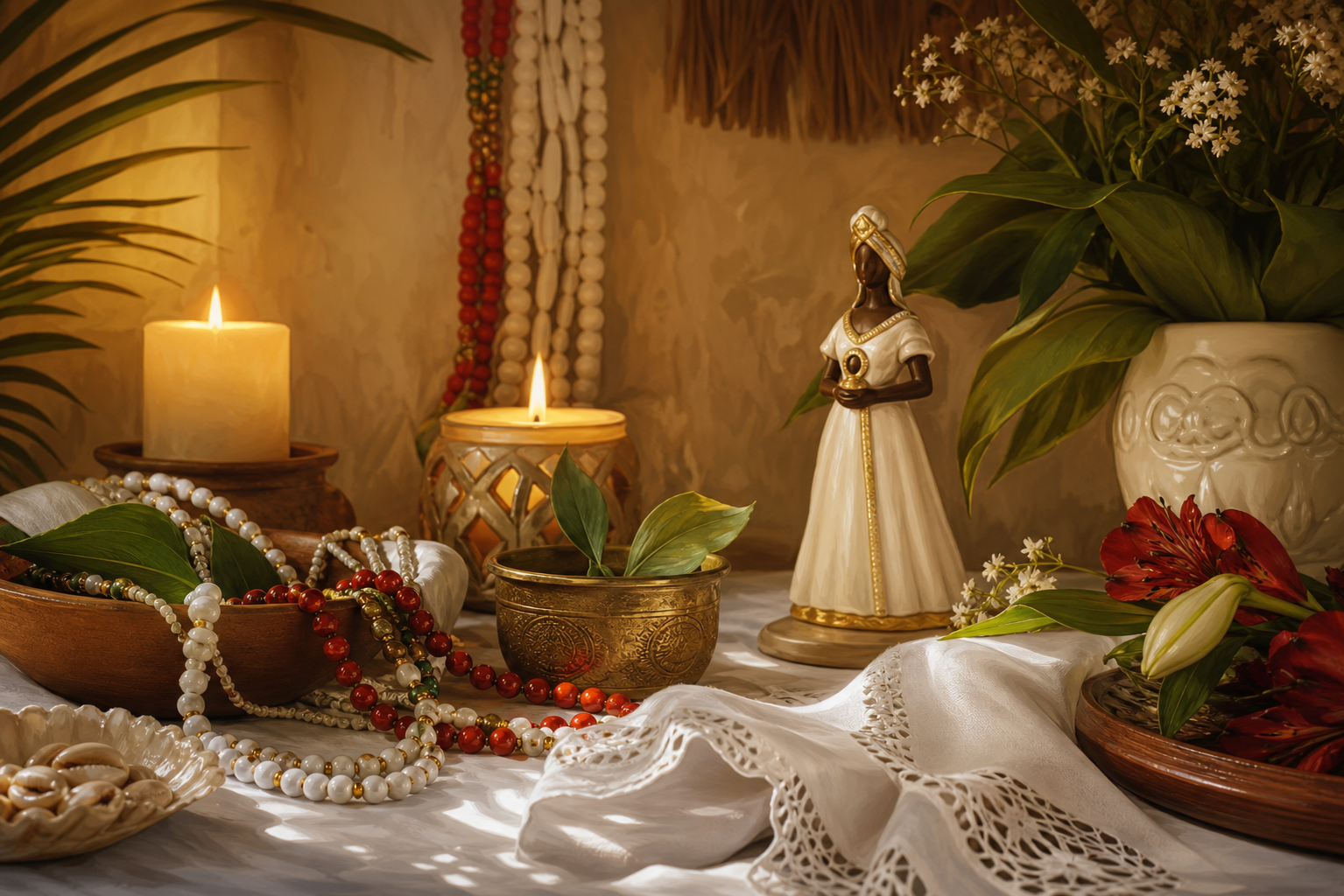 Cena devocional com velas, guias, flores, folhas e figura religiosa estilizada